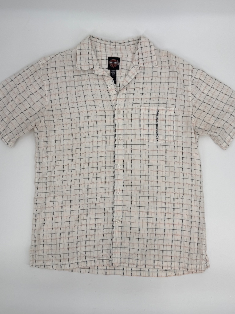 Vintage Harley Davidson Button Shirt White Plaid Camp Collar Biker Moto Men L